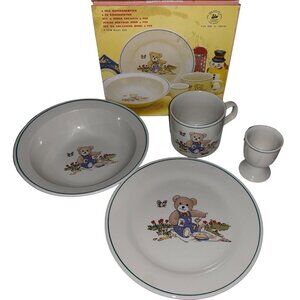 Vtg.Dynasty Baby Dish Set 4 Pc. Stoneware Bear Design Oven Microwave Washer Safe